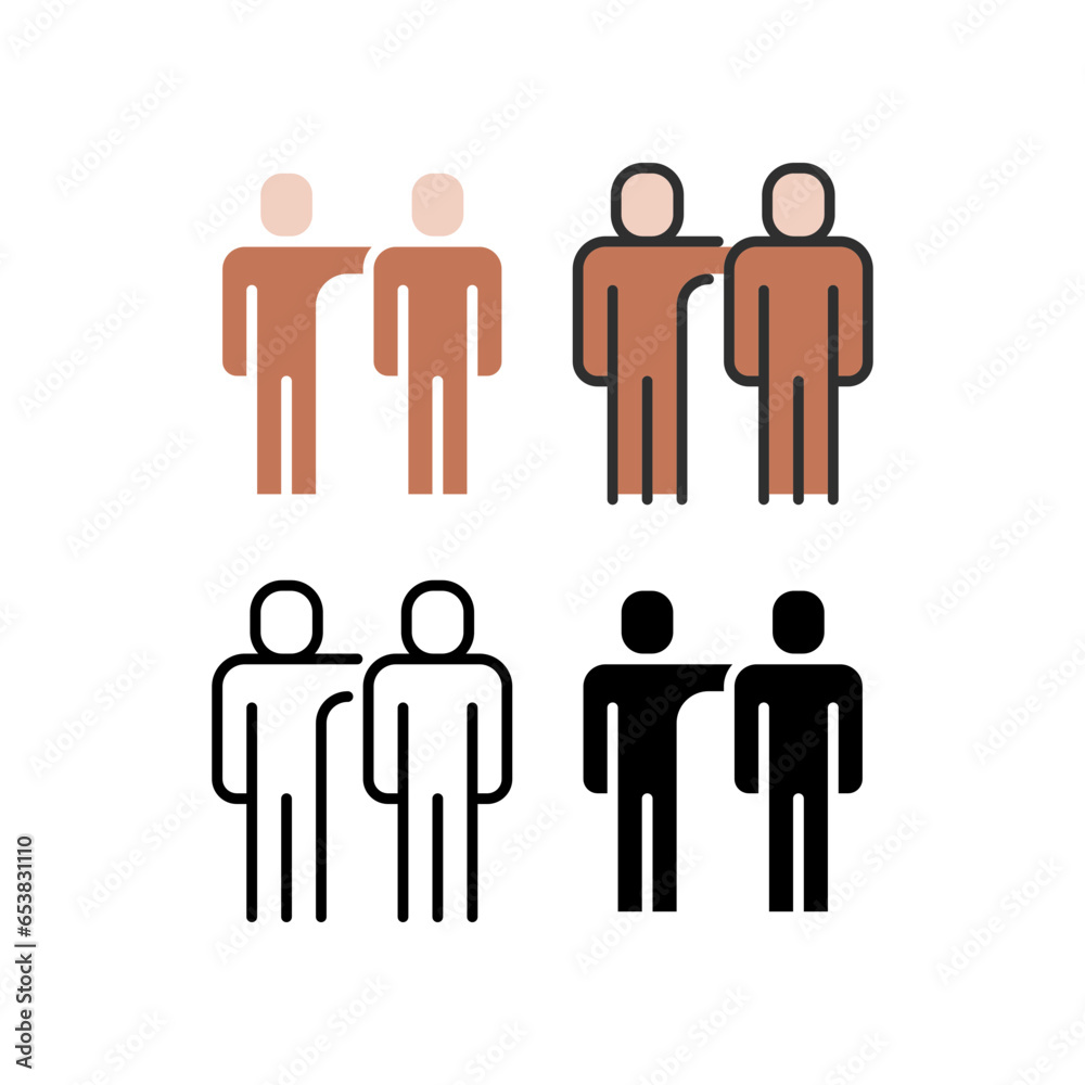 Hands on shoulders symbol of Team, Teamwork, community member, partnership. Friends hug symbol. Hug, man, people, stand, team, teamwork, work icon. Vector illustration Hands on shoulders symbol of Team, Teamwork, community member, partnership. Friends hug symbol. Hug, man, people, stand, team, teamwork, work icon. Vector illustration