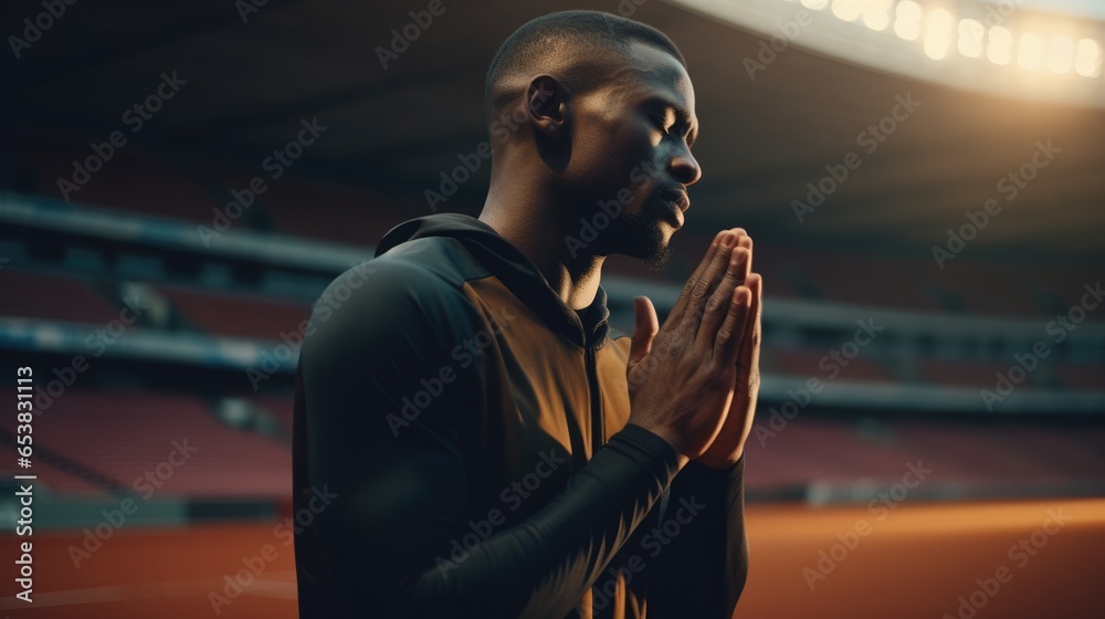 African american athlete praying while standing at sports stadium  - obrazy, fototapety, plakaty 