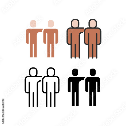 Hands on shoulders symbol of Team, Teamwork, community member, partnership. Friends hug symbol. Hug, man, people, stand, team, teamwork, work icon. Vector illustration
