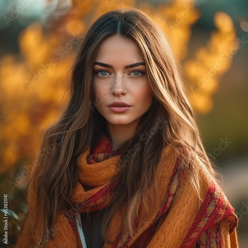 Beautiful female model outdoors fashion photoshoot in autumn