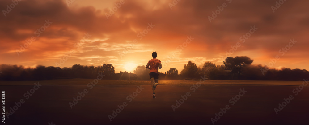 Athlete running on road at sunrise. 