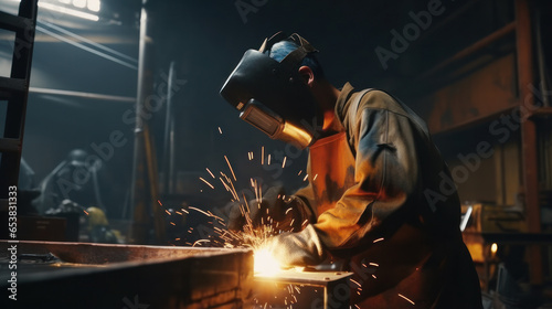 Crafting Sparks: A Skilled Welder at Work in the Factory.