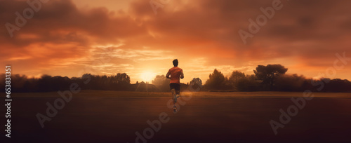 Athlete running on road at sunrise. 