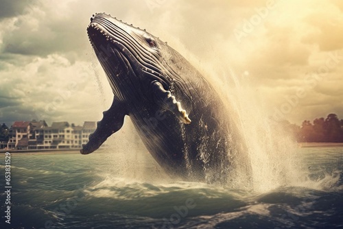 A whale leaping from water, mouth agape. Generative AI