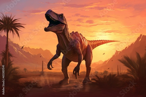 Giganotosaurus seeks companions in a desert at sunset. Generative AI © Bellamy