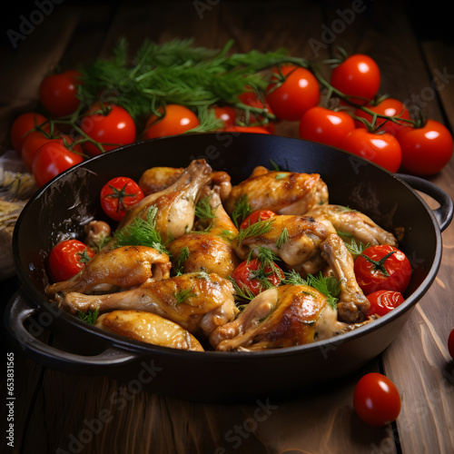 Delicious fried quail with herbs and cherry tomatoes.
