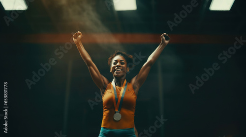 Portrait Of Female Athlete Celebrating Victory With Medal