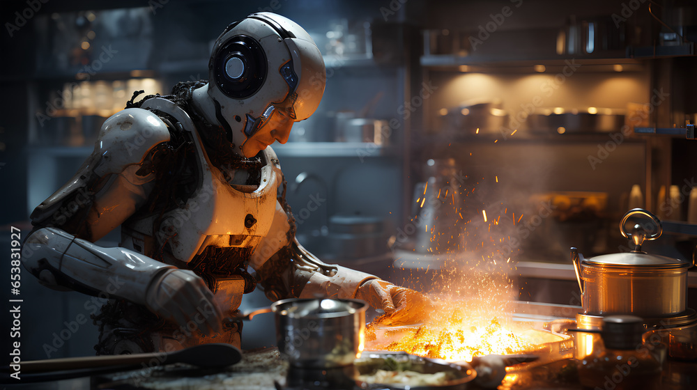A robot chef , cooking in a kitchen and showcasing culinary skills. Generative AI