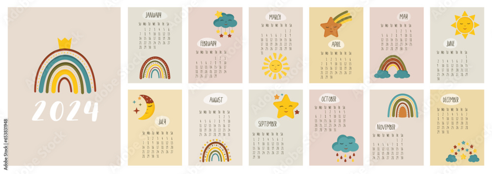 Calendar 2024 template. Monthly calendar 2024 with cute rainbows, stars, moon. Trendy colors, cartoon style. Starts on Sunday. A modern calendar for kids. Children cute nursery style. Design Template
