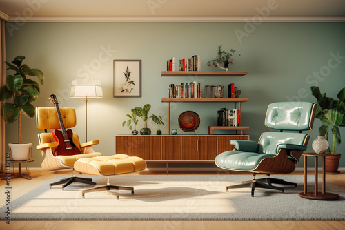 Modern music room, with a sleek record storage unit, a vintage-inspired record player, and Eames-style lounge chairs for listening