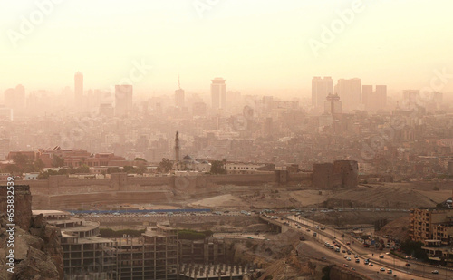 Aerial panoramic view of dusty Cairo at sunset. Most populated and largest cities of the world 