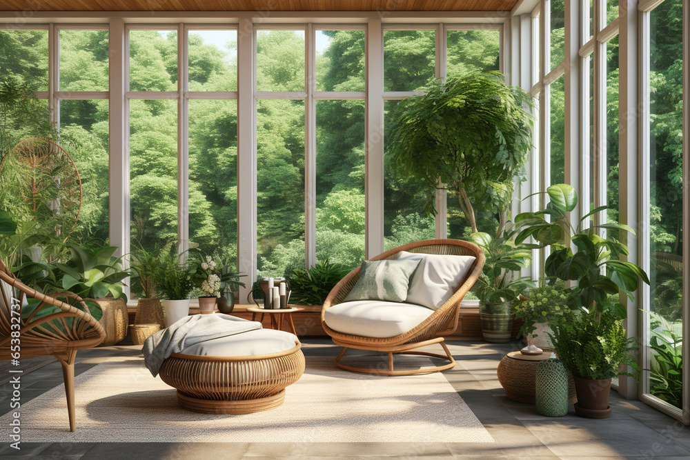 Modern eco-friendly house sunroom with large windows overlooking a lush garden, featuring a woven rattan lounge chair, a round glass-top side table, and potted plants adding a touch of greenery Modern eco-friendly house sunroom with large windows overlooking a lush garden, featuring a woven rattan lounge chair, a round glass-top side table, and potted plants adding a touch of greenery