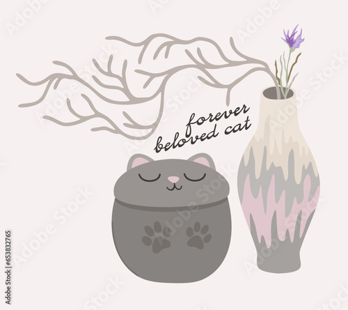 Pet cremation. Cremation urn in shape of cat and vase with flowers. Vector isolated illustration with lettering.