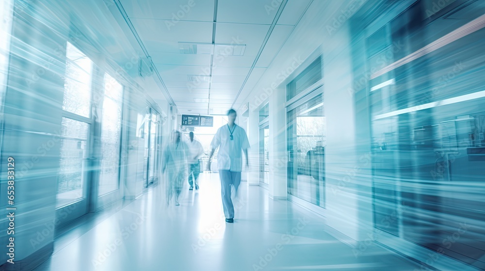 Blurred image of hospital interior with people walking Blurred image of hospital interior with people walking