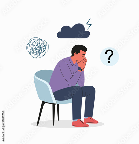 Sad man sitting with his head in his hands.Doldrums concept. Vector flat cartoon  illustration