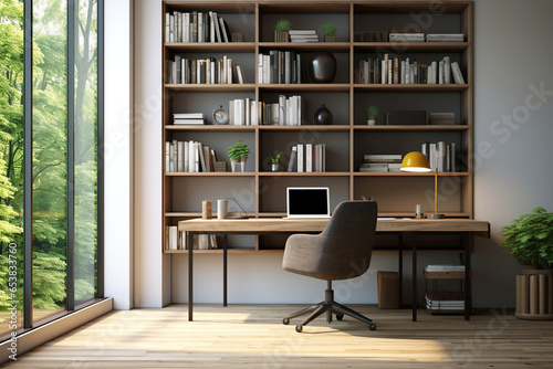 A minimalist home office with a clean-lined desk, a comfortable ergonomic chair, and a single floor-to-ceiling bookshelf displaying a curated collection of books and objects © RBGallery