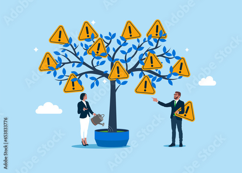 Business people picking exclamation attention sign from tree. Flat vector illustration