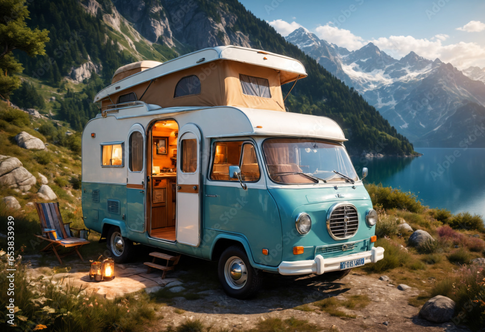 Motorhome on the coast of mountain lake. Generative AI Motorhome on the coast of mountain lake. Generative AI