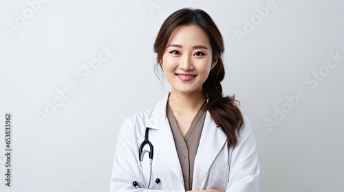 Smiling Asian female doctor with a stethoscope on white.