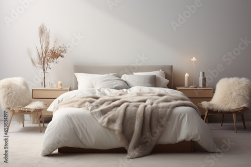 Modern Scandinavian bedroom with a statement-making upholstered headboard, a white faux fur rug, and an assortment of textured throw pillows in neutral hues photo