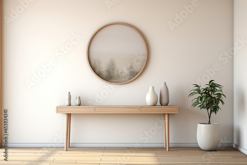 Luxury Interior Design Scandinavian Living Room simple wooden bench, a row of minimal coat hooks, a Huge circle mirror, two lamps, Scandinavian artwork, reflecting, wooden floors