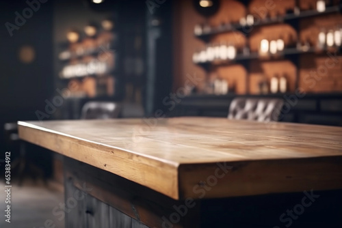 Men's Beauty Salon Interior with Empty Wooden Countertop for Product Mockup. Generative Ai.