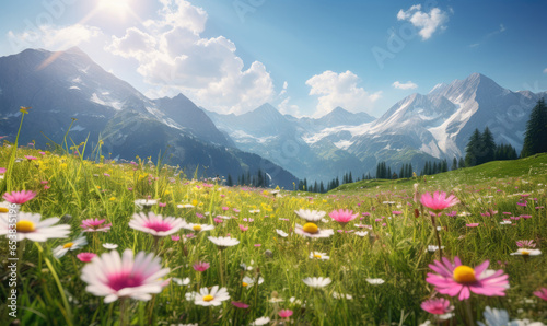 Serene alpine meadow filled with vibrant pink daisies.