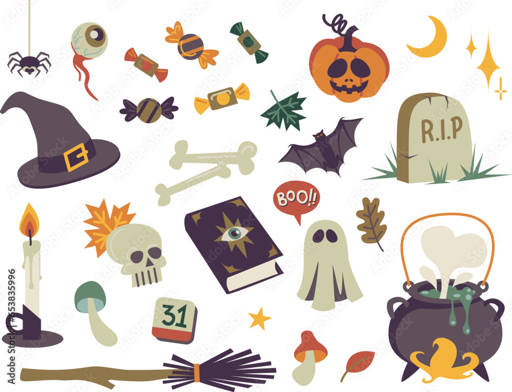 Bundle of icons for Halloween. Set of vector illustrations separated on a white background. treat or trick