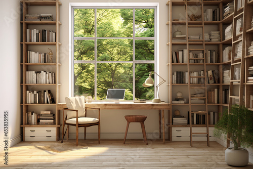 Modern home office with a compact, wall mounted desk, a modern swivel chair, and a minimalist bookcase displaying a collection of design books and potted plants in a Scandinavian style photo