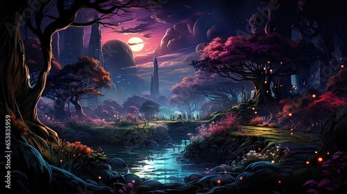 Fantasy Fairy Tale Forest at Night. A Magical Scene