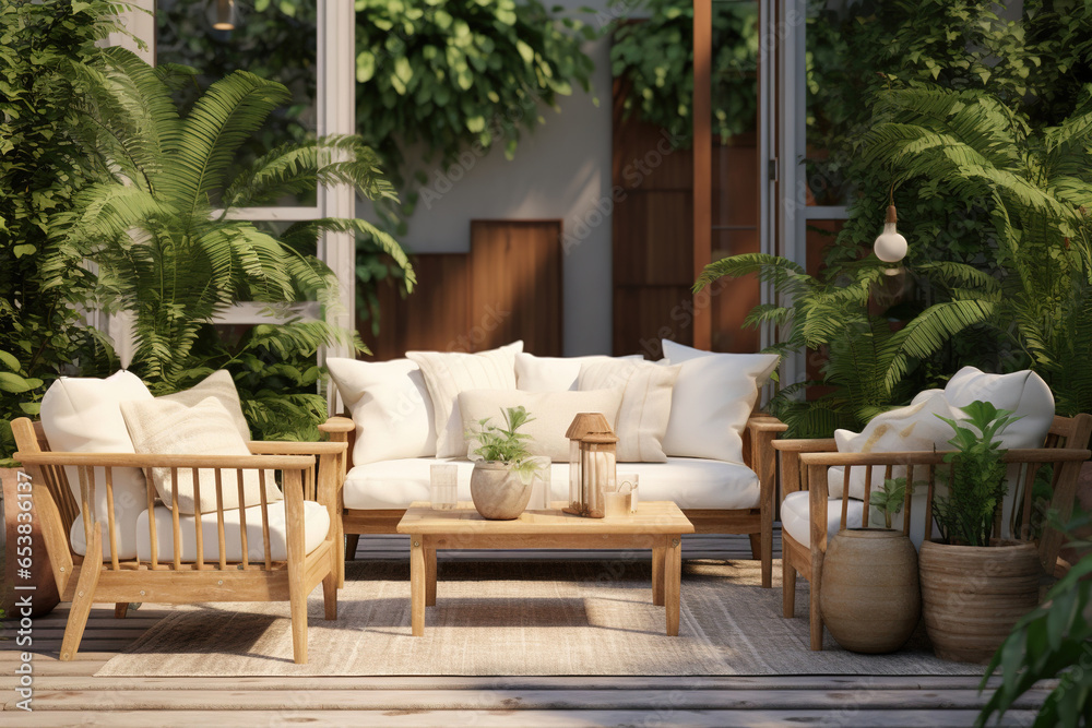 Modern outdoor patio with simple wooden furniture, cozy cushions in neutral tones, and an abundance of greenery, creates a serene and inviting atmosphere  - obrazy, fototapety, plakaty 