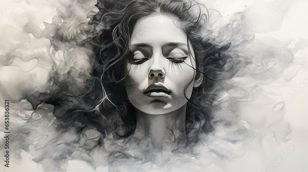 Fototapeta premium black and white portrait of a girl. illustration