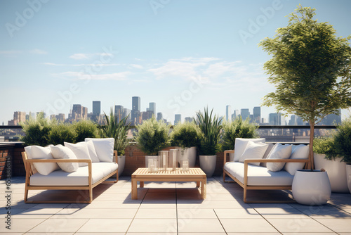 Modern minimalist rooftop terrace, featuring clean-lined outdoor furniture, neutral-toned cushions, and potted plants, Scandinavian style © RBGallery