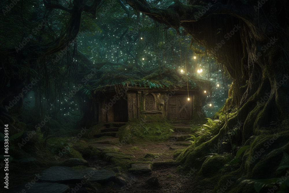 Deep within a mystical forest, luminescent fireflies form a living constellation, illuminating the path to an ancient, overgrown tree with a door to enchanted realms.