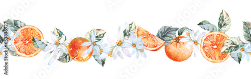 Orange border. Seamless botanical citrus rim, for cards, wedding or fabric.Hand draw with watercolor.Fruit border.