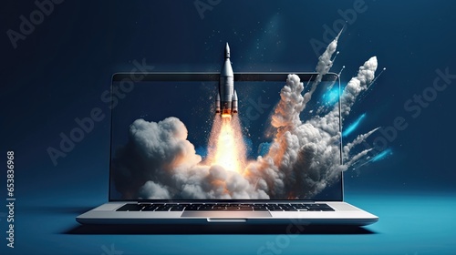 Laptop Screen Launches Rocket into Blue Sky – A Vision of Innovative Technology 