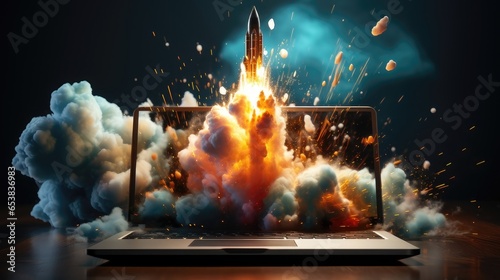 Laptop Screen Launches Rocket into Blue Sky – A Vision of Innovative Technology 