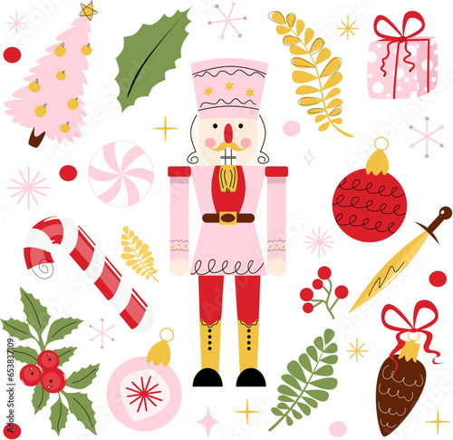 vector set of pink nutcrackers with twigs and Christmas balls. 14 illustrations Xmas, a sweet cane, Christmas tree decorations, a sword, a pine cone, a gift, a pink tree, caramel, leaves and flowers.
