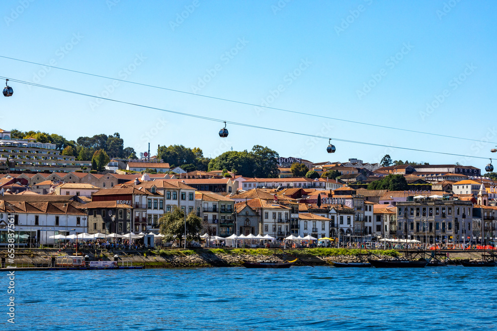 Porto, Portugal Cable cars riding over the Douro River and the skyline.