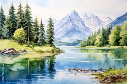 Fantastic mountain landscape with lake and forest.