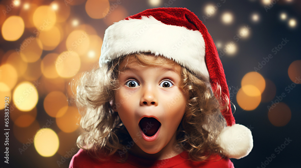 Surprised little girl in Santa Claus hat over Christmas lights background. Surprised little girl in Santa Claus hat over Christmas lights background.