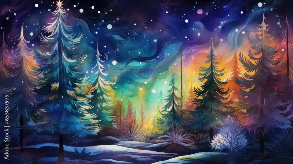Watercolor Forest. Christmas Trees and Glowing Lights 