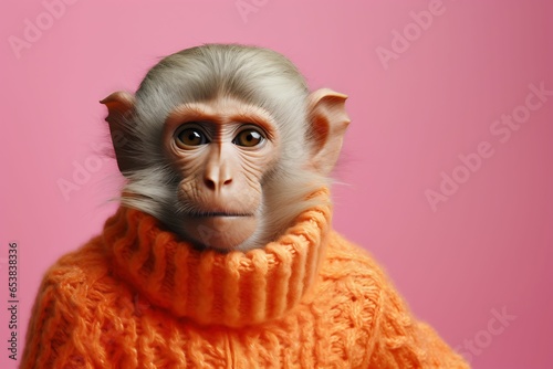 Fotografie, Tablou A chimp turned human dressed in a sweater poses on an pink pastel background, A monkey wearing a pink suit