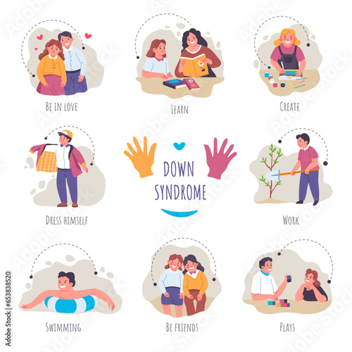 Down syndrome kids activities and lifestyle vector