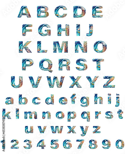 Colorful sea life font alphabet on white background.