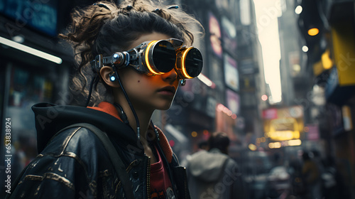 Futuristic Cyberpunk Girl in a City Street