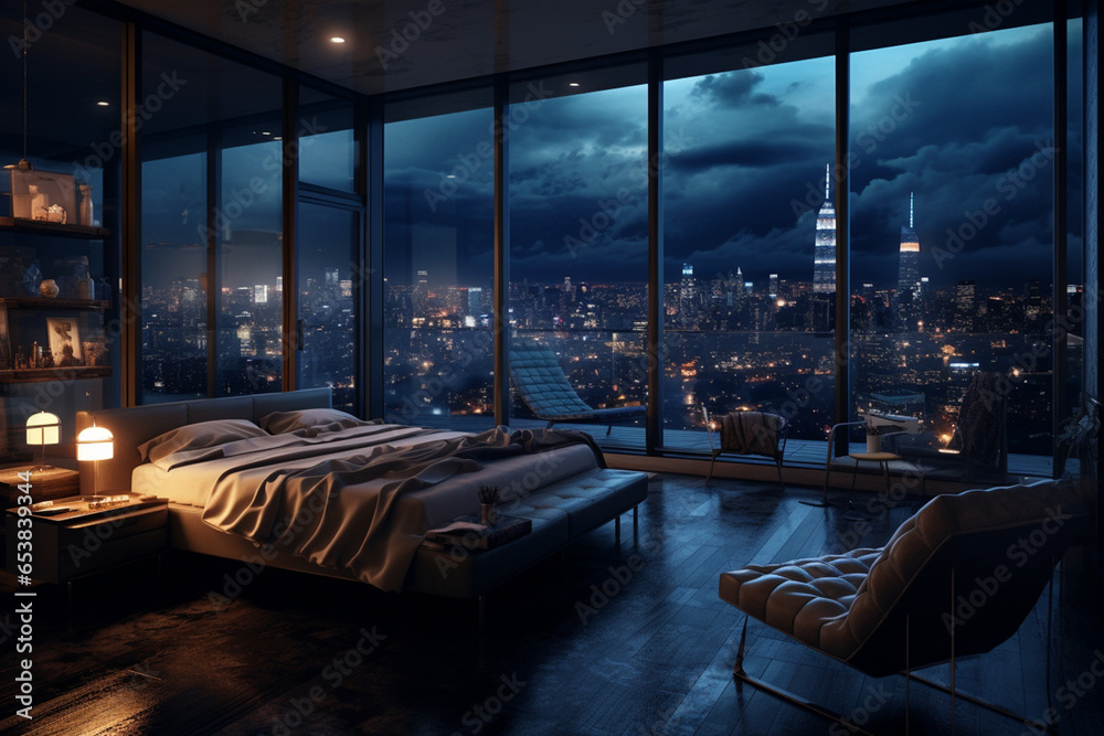 Fototapeta premium a bedroom interior with a panoramic window view of a futuristic cityscape at night, rain streaming down the glass | Generative Ai