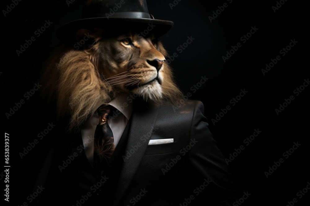 A lion turned human dressed in a suit and tie poses on a black background, A lion wearing a suit. Humanized animal concept. 