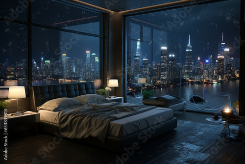 a bedroom interior with a panoramic window view of a futuristic cityscape at night, rain streaming down the glass | Generative Ai