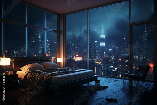 a bedroom interior with a panoramic window view of a futuristic cityscape at night, rain streaming down the glass | Generative Ai